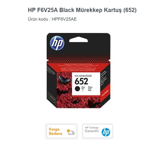 HP 652 BLACK ORJİNAL MÜREKKEP KARTUŞ ( F6V25AE)